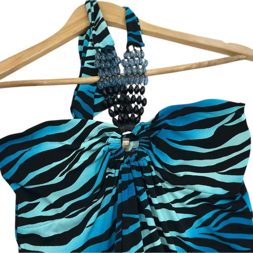 Fresh of LA Blue Zebra Pattern Halter Maxi Dress Beaded Straps - Picture 3 of 9